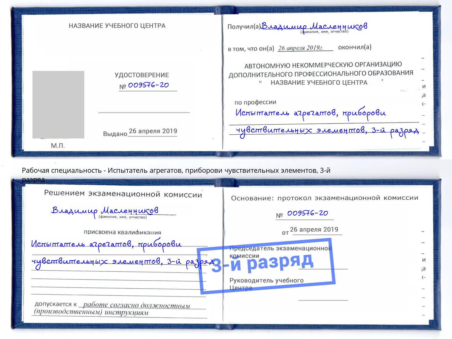 корочка 3-й разряд Испытатель агрегатов, приборови чувствительных элементов Таганрог