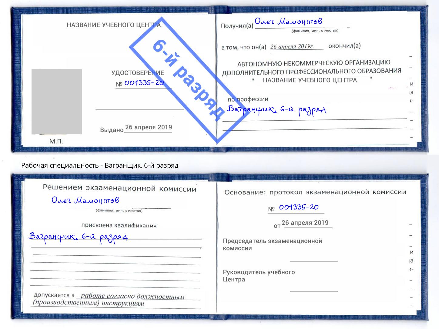 корочка 6-й разряд Вагранщик Таганрог