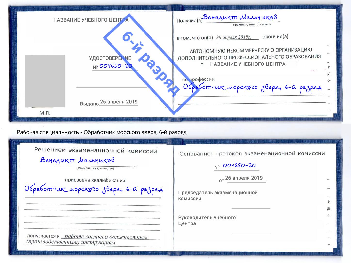 корочка 6-й разряд Обработчик морского зверя Таганрог