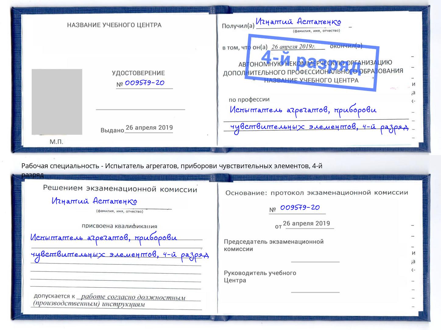 корочка 4-й разряд Испытатель агрегатов, приборови чувствительных элементов Таганрог