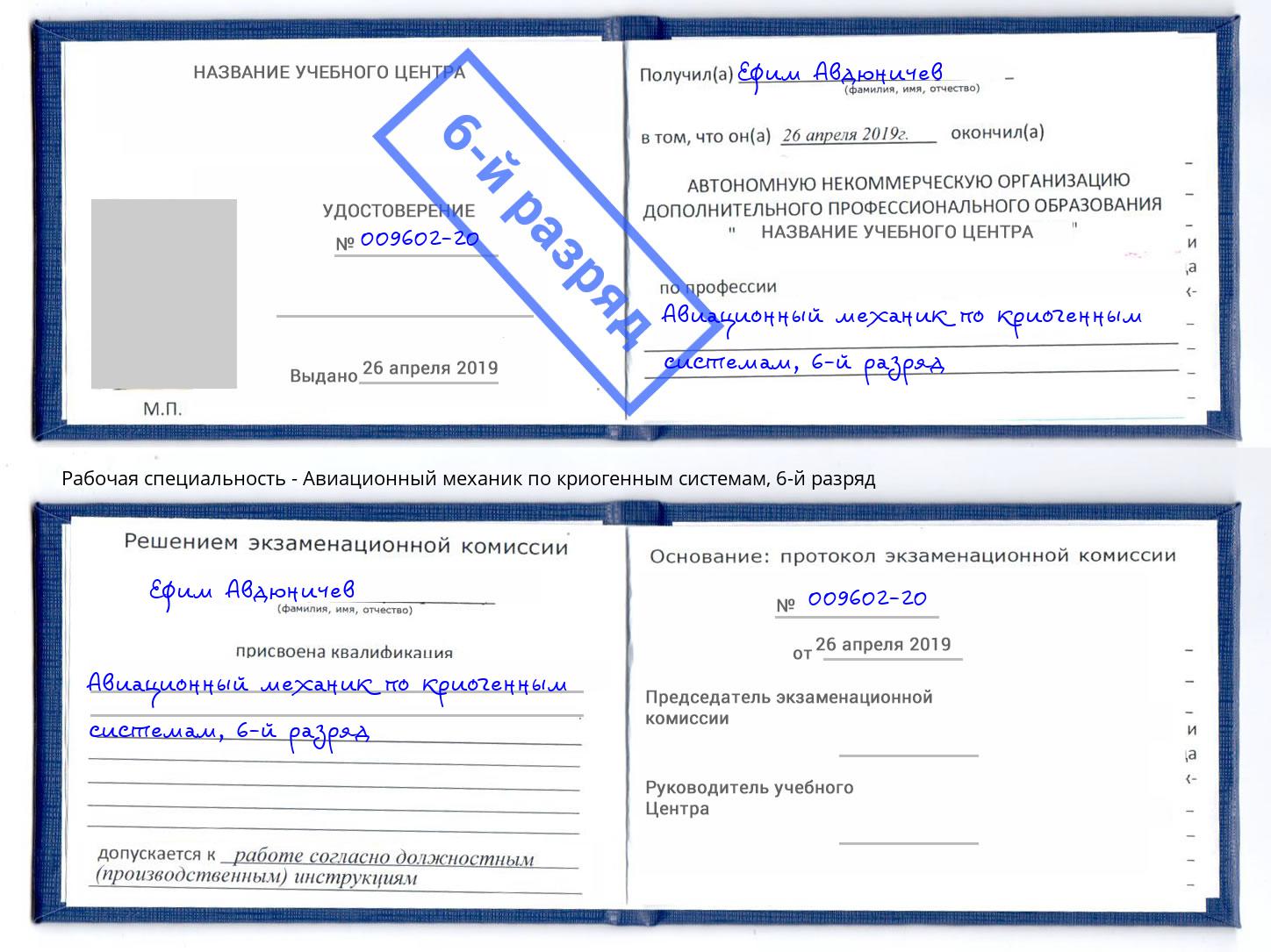 корочка 6-й разряд Авиационный механик по криогенным системам Таганрог