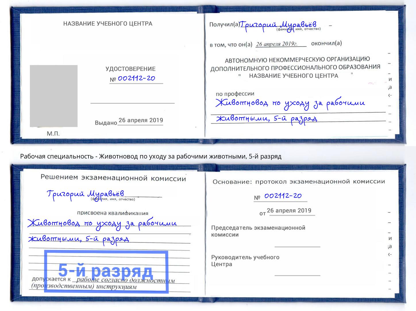 корочка 5-й разряд Животновод по уходу за рабочими животными Таганрог