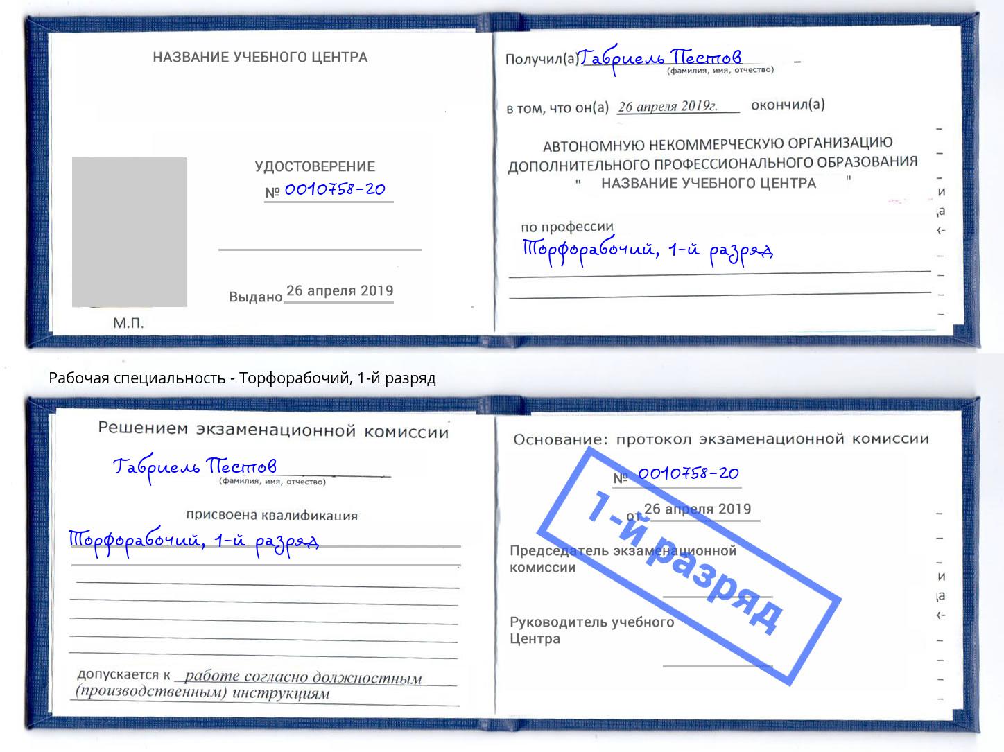 корочка 1-й разряд Торфорабочий Таганрог