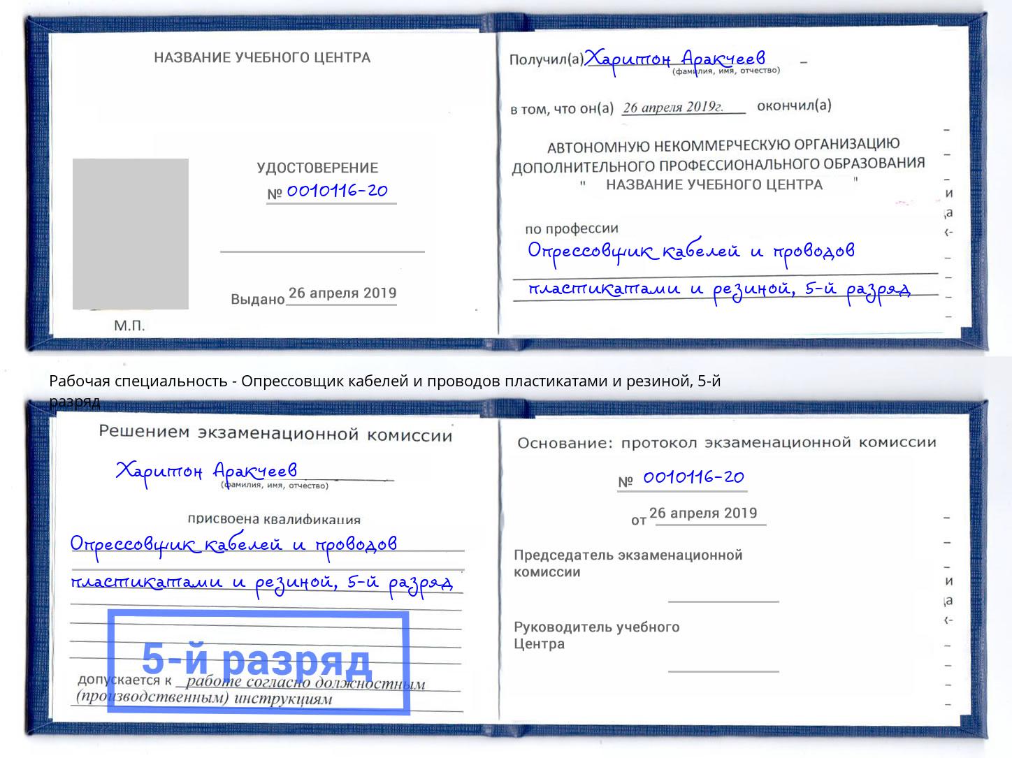 корочка 5-й разряд Опрессовщик кабелей и проводов пластикатами и резиной Таганрог